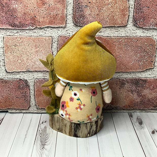 Cruz/Gnome with Golden Mustard Mushroom Hat, Mushroom & Flora on Natural Wood Base