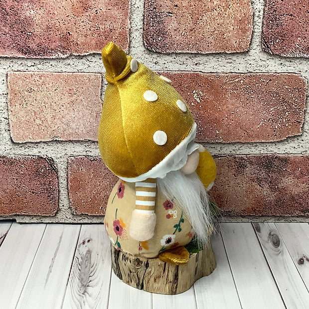 Cruz/Gnome with Golden Mustard Mushroom Hat, Mushroom & Flora on Natural Wood Base