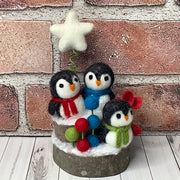 Penguin Trio, Star & Flora on Natural Wood Base/Christmas