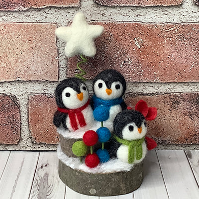Penguin Trio, Star & Flora on Natural Wood Base/Christmas
