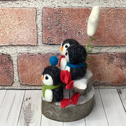 Penguin Trio, Star & Flora on Natural Wood Base/Christmas