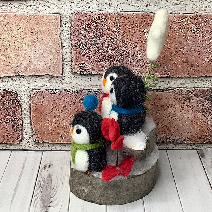 Penguin Trio, Star & Flora on Natural Wood Base/Christmas