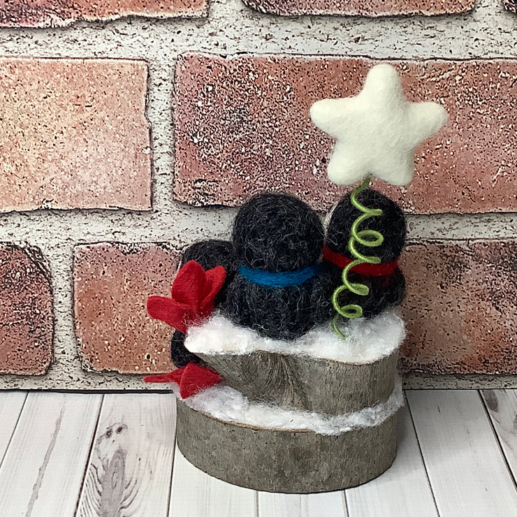 Penguin Trio, Star & Flora on Natural Wood Base/Christmas