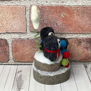 Penguin Trio, Star & Flora on Natural Wood Base/Christmas