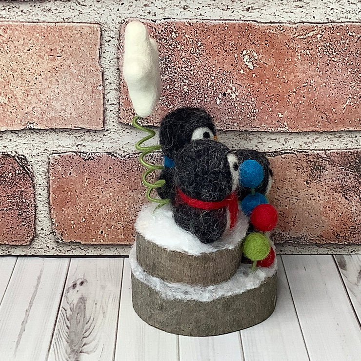 Penguin Trio, Star & Flora on Natural Wood Base/Christmas