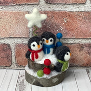 Penguin Trio, Star & Flora on Natural Wood Base/Christmas