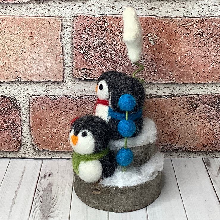 Penguin Trio, Star & Flora on Natural Wood Base/Christmas