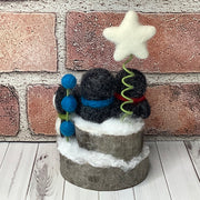 Penguin Trio, Star & Flora on Natural Wood Base/Christmas