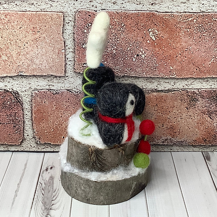 Penguin Trio, Star & Flora on Natural Wood Base/Christmas
