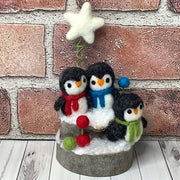 Penguin Trio, Star & Flora on Natural Wood Base/Christmas