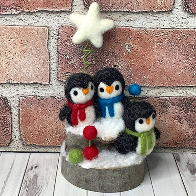 Penguin Trio, Star & Flora on Natural Wood Base/Christmas
