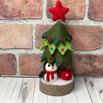 Christmas Tree & Penguin on Natural Wood Base/Christmas