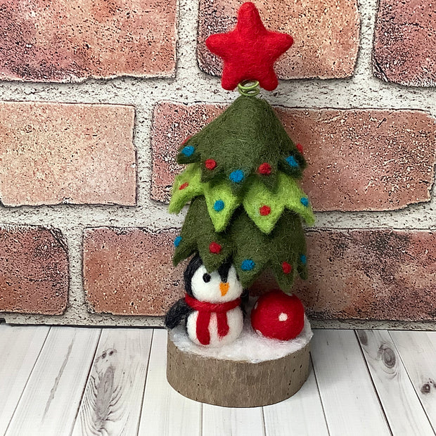 Christmas Tree & Penguin on Natural Wood Base/Christmas