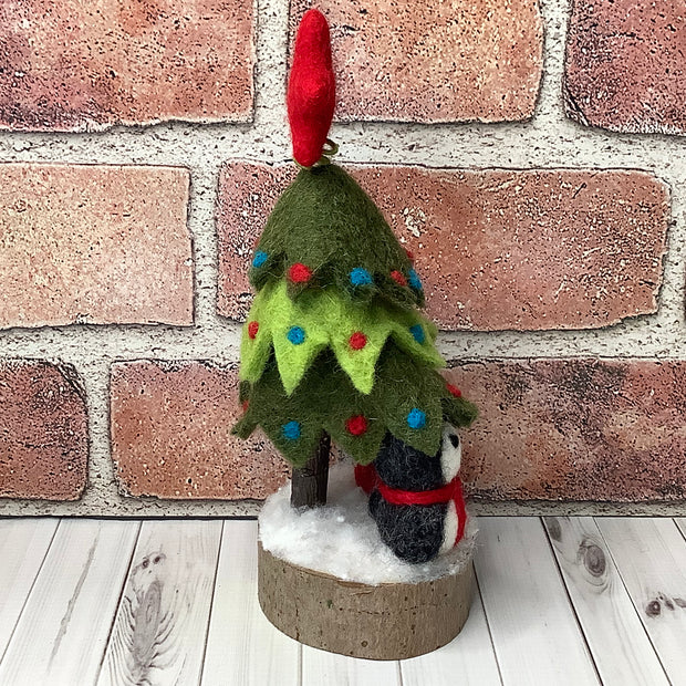 Christmas Tree & Penguin on Natural Wood Base/Christmas