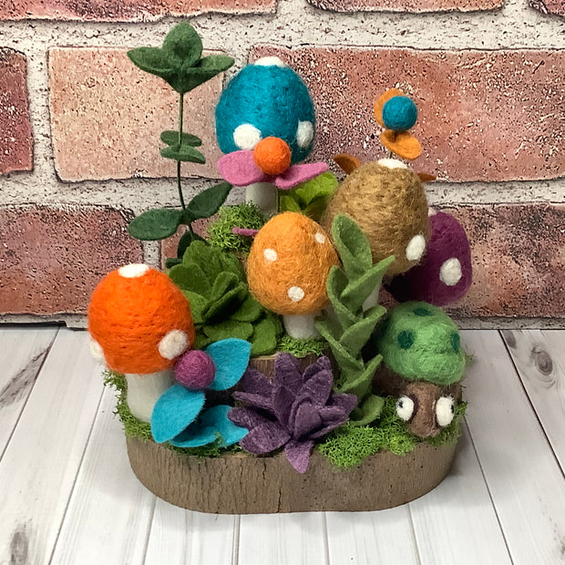 Jewelwood Hollow/Autumn Mushroom Garden, Turtle & Flora on Natural Wood Base