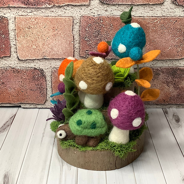 Jewelwood Hollow/Autumn Mushroom Garden, Turtle & Flora on Natural Wood Base