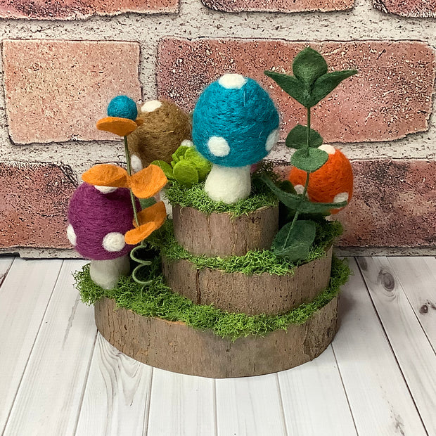 Jewelwood Hollow/Autumn Mushroom Garden, Turtle & Flora on Natural Wood Base