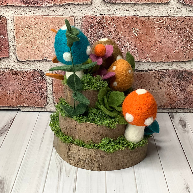 Jewelwood Hollow/Autumn Mushroom Garden, Turtle & Flora on Natural Wood Base