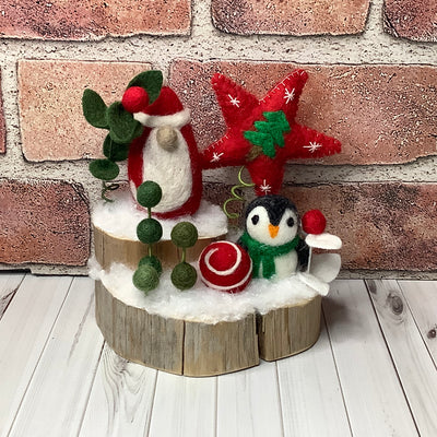 Santa, Penguin, Star & flora on Natural Wood Base/Christmas