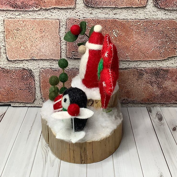 Santa, Penguin, Star & flora on Natural Wood Base/Christmas