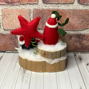 Santa, Penguin, Star & flora on Natural Wood Base/Christmas