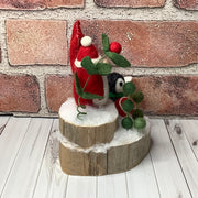 Santa, Penguin, Star & flora on Natural Wood Base/Christmas