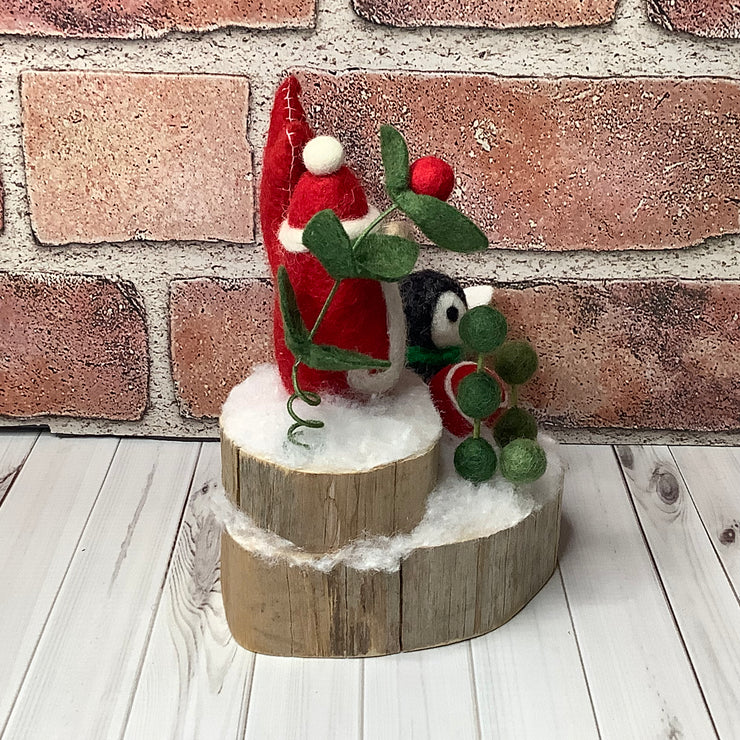 Santa, Penguin, Star & flora on Natural Wood Base/Christmas