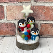 Penguin Trio, Star & Flora on Natural Wood Base/Christmas