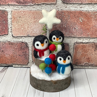 Penguin Trio, Star & Flora on Natural Wood Base/Christmas