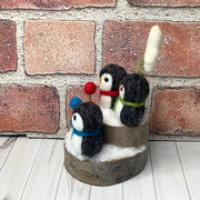 Penguin Trio, Star & Flora on Natural Wood Base/Christmas