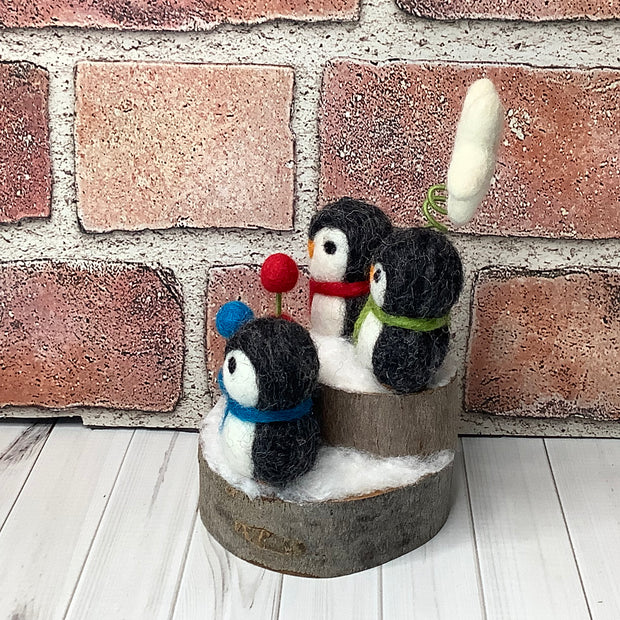 Penguin Trio, Star & Flora on Natural Wood Base/Christmas