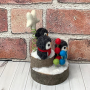 Penguin Trio, Star & Flora on Natural Wood Base/Christmas