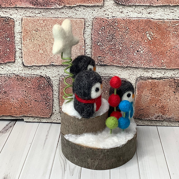 Penguin Trio, Star & Flora on Natural Wood Base/Christmas