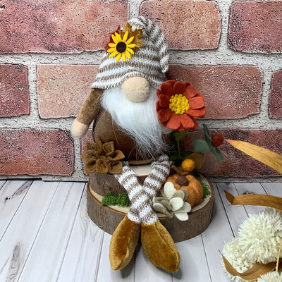 Tobias/Striped Hat Gnome with Pumpkin & Flora on Natural Wood Base