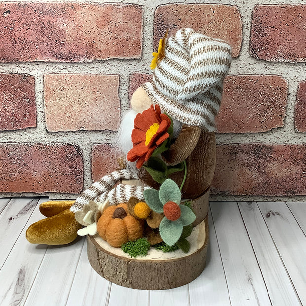 Tobias/Striped Hat Gnome with Pumpkin & Flora on Natural Wood Base
