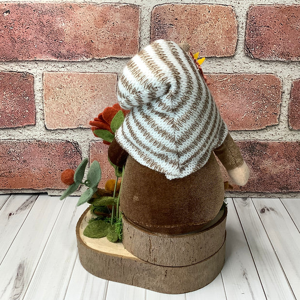 Tobias/Striped Hat Gnome with Pumpkin & Flora on Natural Wood Base