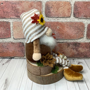 Tobias/Striped Hat Gnome with Pumpkin & Flora on Natural Wood Base