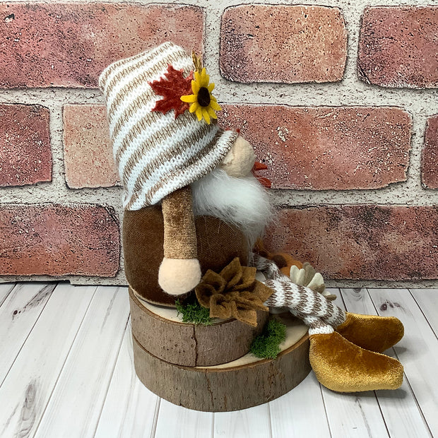 Tobias/Striped Hat Gnome with Pumpkin & Flora on Natural Wood Base