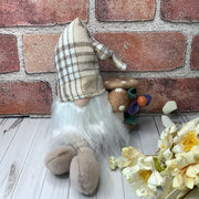 Bramble/Gnome with Autumn Plaid Hat, Mushrooms & flora on Natural Wood Base