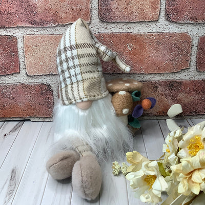 Bramble/Gnome with Autumn Plaid Hat, Mushrooms & flora on Natural Wood Base
