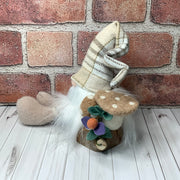 Bramble/Gnome with Autumn Plaid Hat, Mushrooms & flora on Natural Wood Base