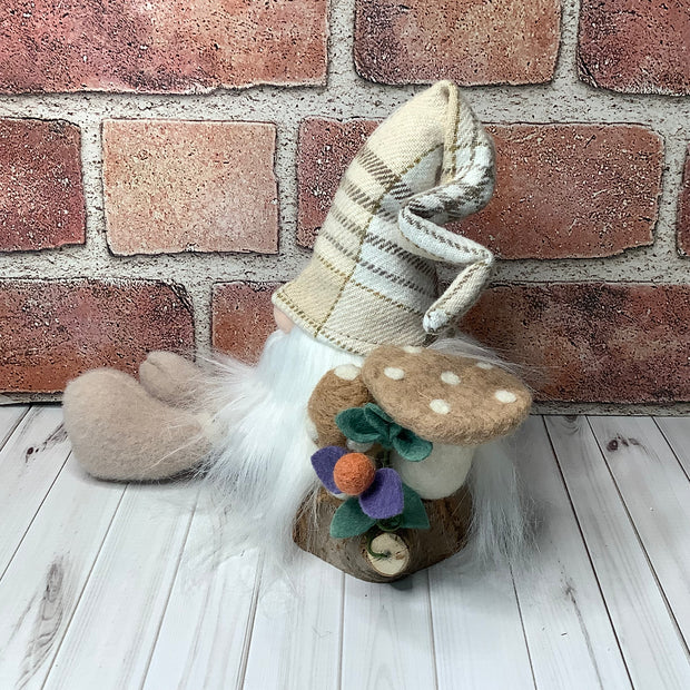 Bramble/Gnome with Autumn Plaid Hat, Mushrooms & flora on Natural Wood Base