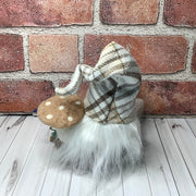 Bramble/Gnome with Autumn Plaid Hat, Mushrooms & flora on Natural Wood Base