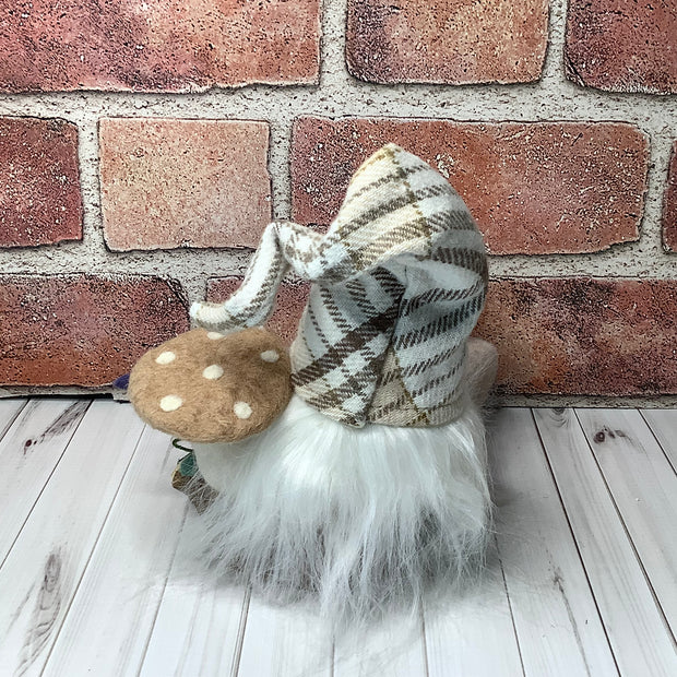 Bramble/Gnome with Autumn Plaid Hat, Mushrooms & flora on Natural Wood Base