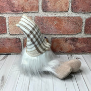 Bramble/Gnome with Autumn Plaid Hat, Mushrooms & flora on Natural Wood Base