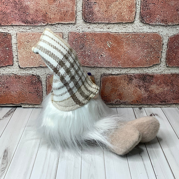 Bramble/Gnome with Autumn Plaid Hat, Mushrooms & flora on Natural Wood Base