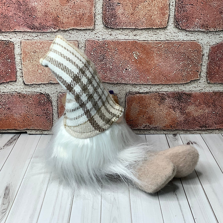 Bramble/Gnome with Autumn Plaid Hat, Mushrooms & flora on Natural Wood Base