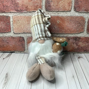 Cedar/Gnome with Autumn Plaid Hat, Mushrooms & flora on Natural Wood Base