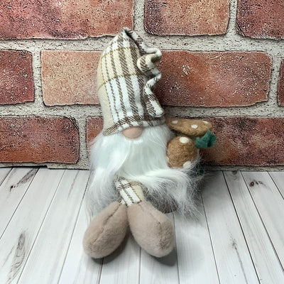 Cedar/Gnome with Autumn Plaid Hat, Mushrooms & flora on Natural Wood Base