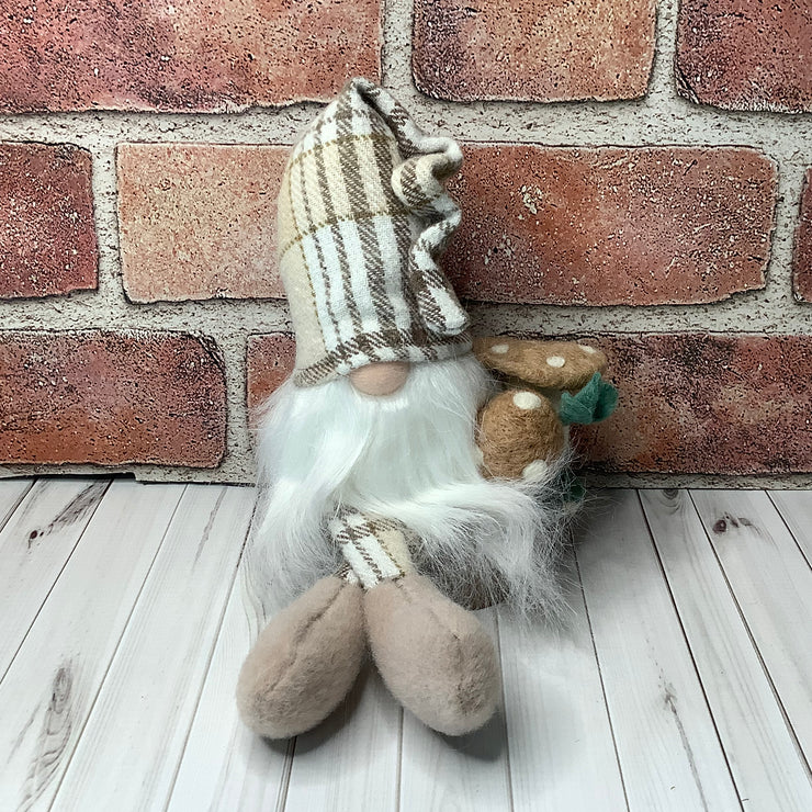 Cedar/Gnome with Autumn Plaid Hat, Mushrooms & flora on Natural Wood Base